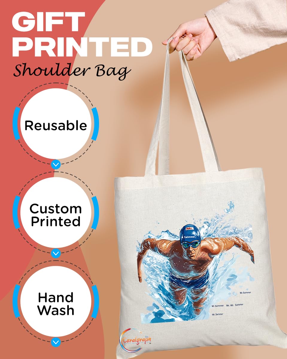 Natural Reusable Shopping Souvenir Tote Bag Featuring Popular Sports Designs from Around the World (Swimmer)