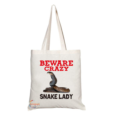 TB383 Beware Crazy Snake Lady Novelty Present Gift Printed Eco-Friendly Stylish Long Handled Tote Shoulder Bag