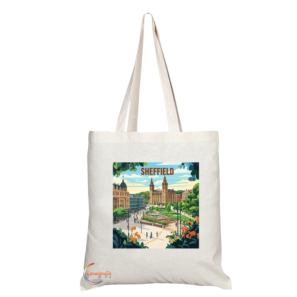 Natural Reusable Shopping Souvenir Tote Bag Featuring Cities and Landmarks in United Kingdom (Sheffield2)