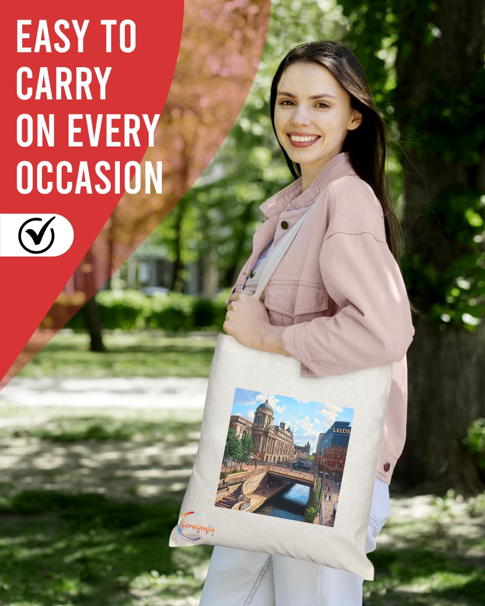 Natural Reusable Shopping Souvenir Tote Bag Featuring Cities and Landmarks in United Kingdom (Leeds)
