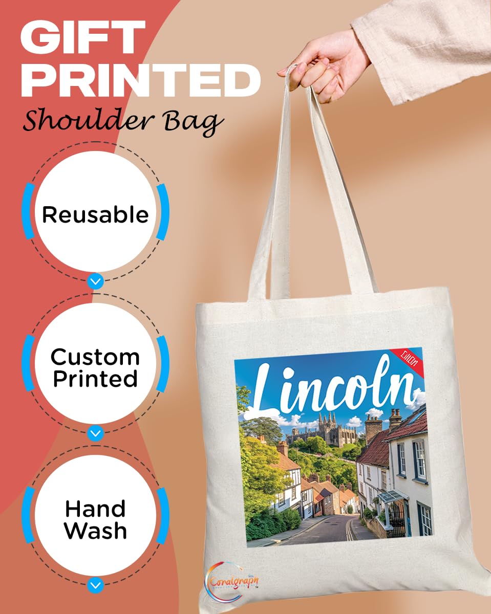 Natural Reusable Shopping Souvenir Tote Bag Featuring Cities and Landmarks in United Kingdom (Lincoln)