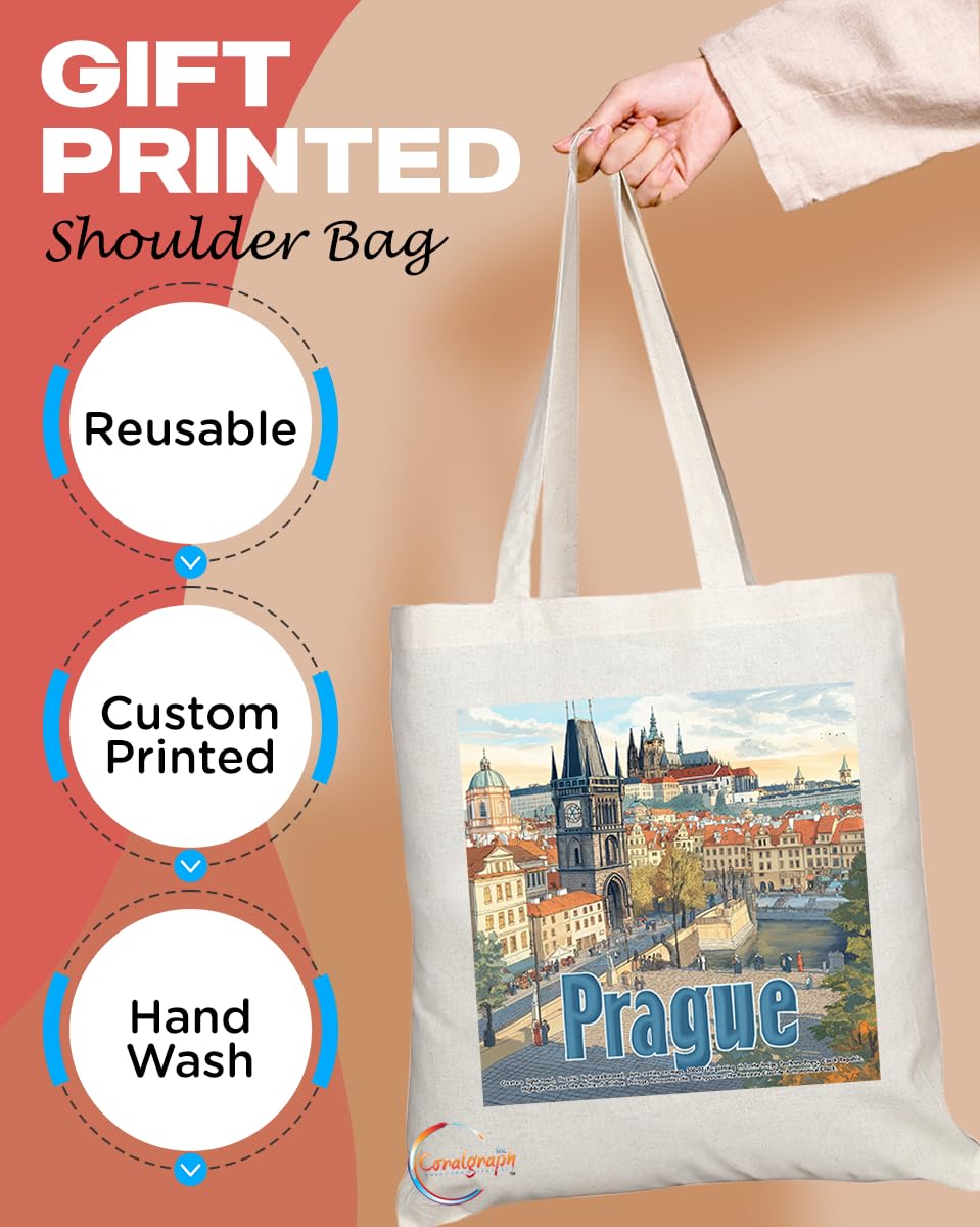 Natural Reusable Shopping Souvenir Tote Bag Featuring Popular Cities and Capitals from Europe and Around the World (Prague)