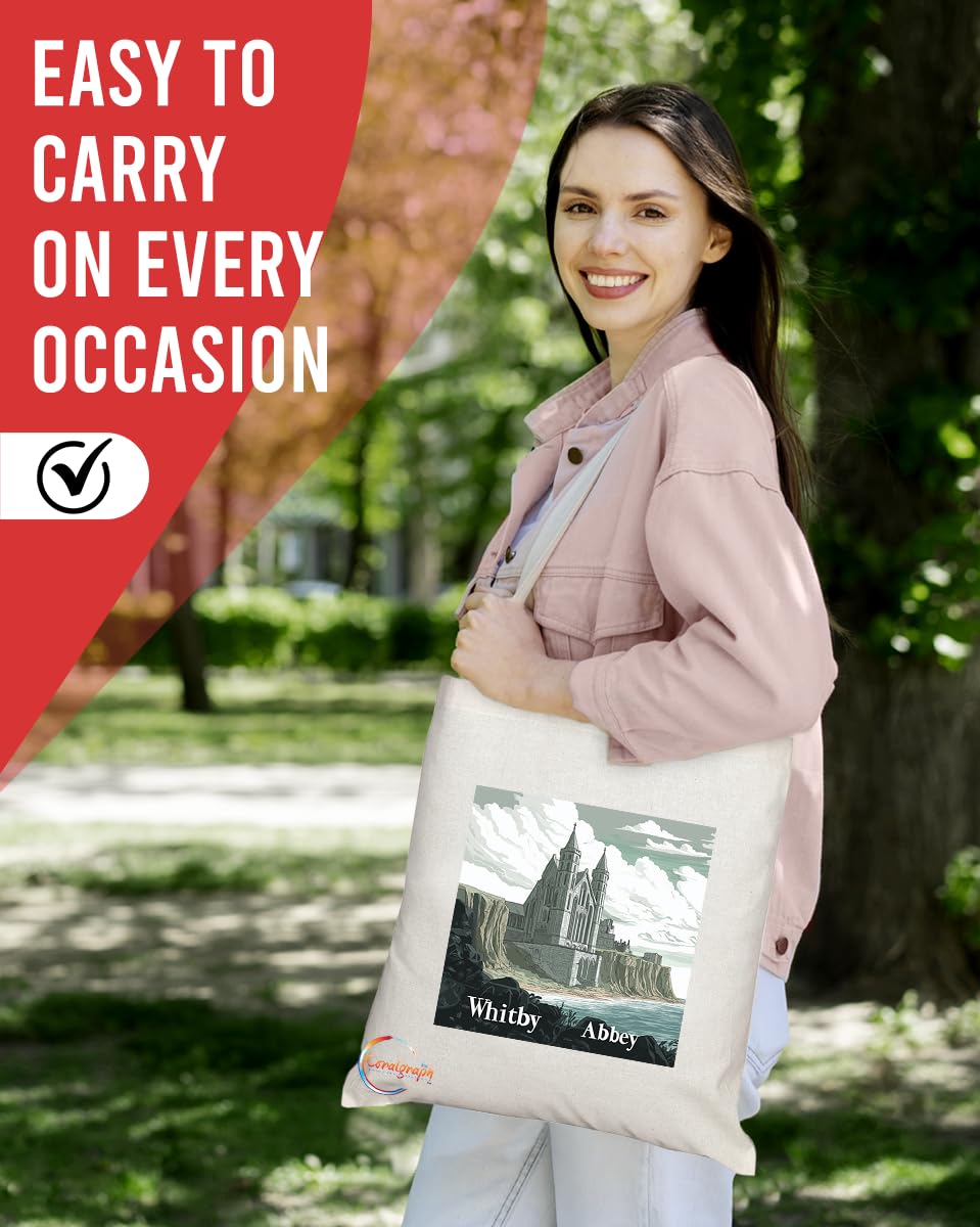 Natural Reusable Shopping Souvenir Tote Bag Featuring Cities and Landmarks in United Kingdom (Whitby Abbey)