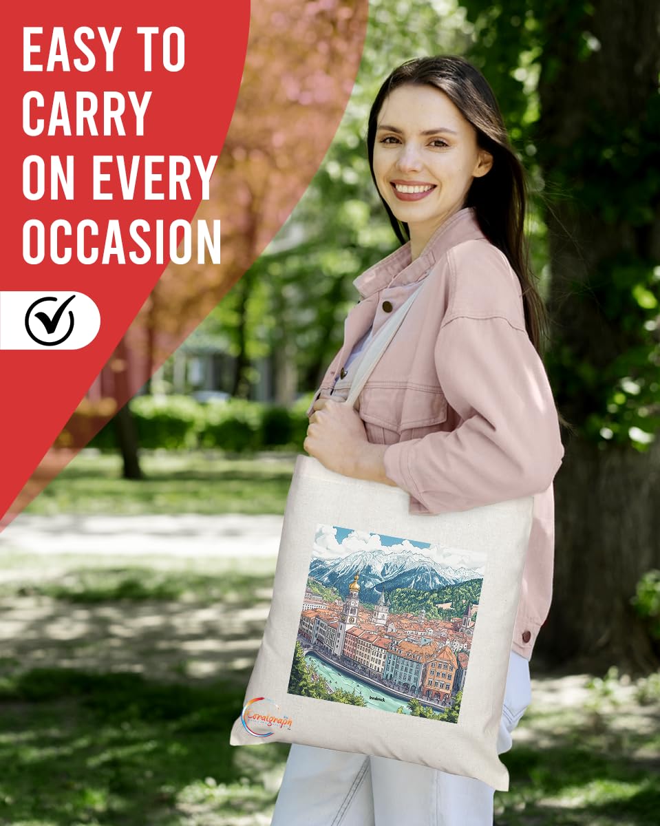 Natural Reusable Shopping Souvenir Tote Bag Featuring Popular Cities and Capitals from Europe and Around the World (Innsbruck)