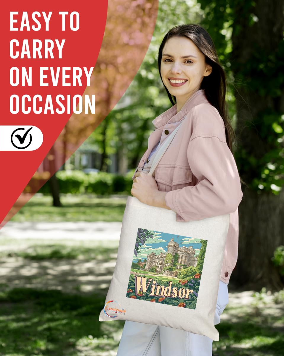 Natural Reusable Shopping Souvenir Tote Bag Featuring Cities and Landmarks in United Kingdom (Windsor)