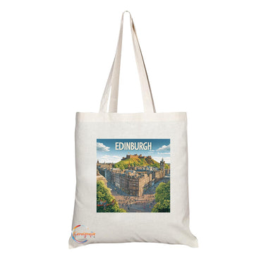 Natural Reusable Shopping Souvenir Tote Bag Featuring Cities and Landmarks in United Kingdom (Edinburgh)