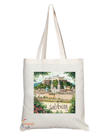 Natural Reusable Shopping Souvenir Tote Bag Featuring Popular Cities and Capitals from Europe and Around the World (Salzburg)
