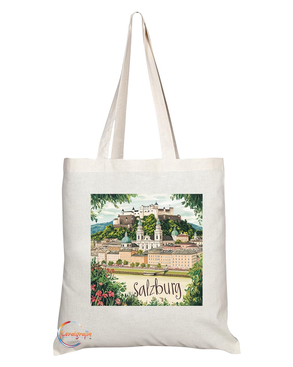 Natural Reusable Shopping Souvenir Tote Bag Featuring Popular Cities and Capitals from Europe and Around the World (Salzburg)