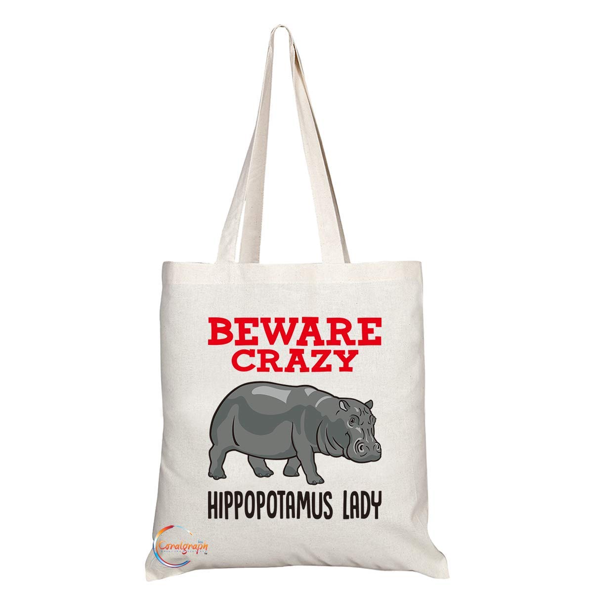 TB373 Beware Crazy Hippopotamus Lady Novelty Present Gift Printed Eco-Friendly Stylish Long Handled Tote Shoulder Bag