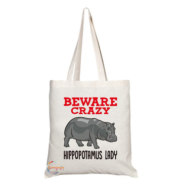TB373 Beware Crazy Hippopotamus Lady Novelty Present Gift Printed Eco-Friendly Stylish Long Handled Tote Shoulder Bag