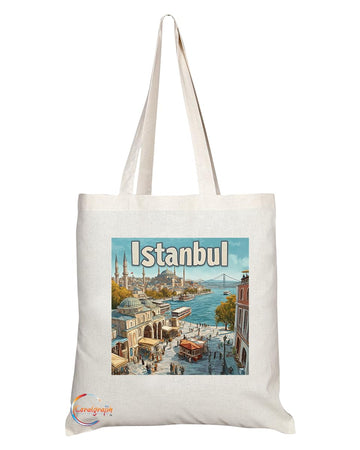 Natural Reusable Shopping Souvenir Tote Bag Featuring Popular Cities and Capitals from Europe and Around the World (Istanbul)