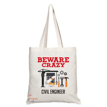 TB335 Beware Crazy Civil Engneer Novelty Present Gift Printed Eco-Friendly Stylish Long Handled Tote Shoulder Bag