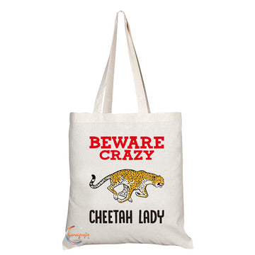 TB379 Beware Crazy Cheetah Lady Novelty Present Gift Printed Eco-Friendly Stylish Long Handled Tote Shoulder Bag