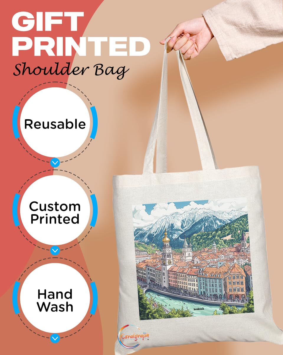 Natural Reusable Shopping Souvenir Tote Bag Featuring Popular Cities and Capitals from Europe and Around the World (Innsbruck)