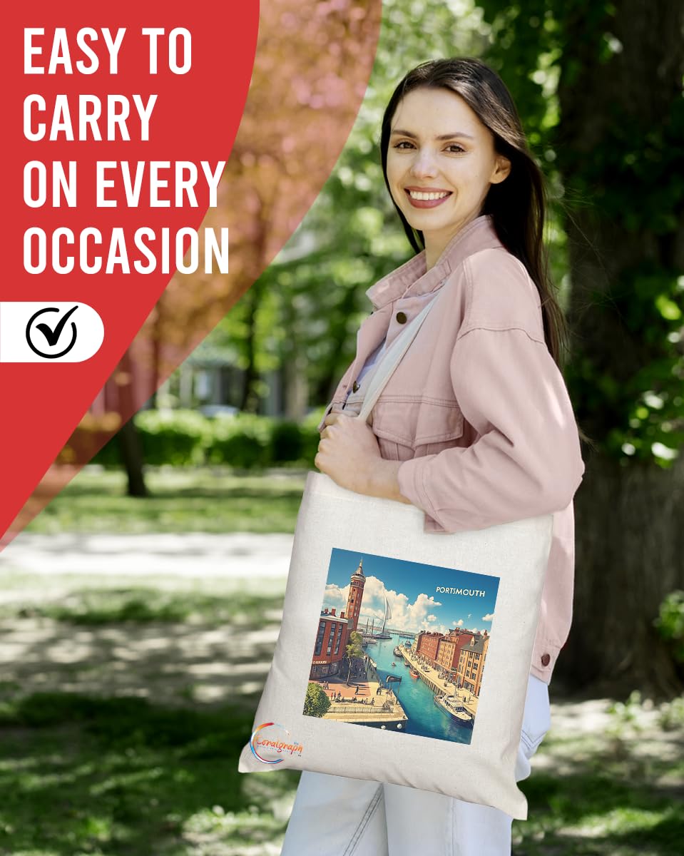 Natural Reusable Shopping Souvenir Tote Bag Featuring Cities and Landmarks in United Kingdom (Portsmouth)