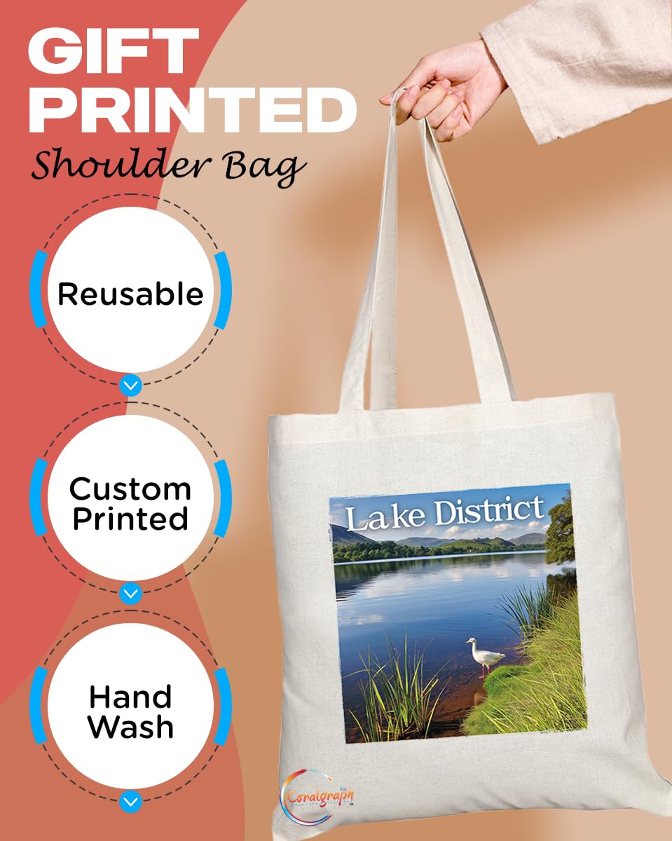 Natural Reusable Shopping Souvenir Tote Bag Featuring Cities and Landmarks in United Kingdom (Lake District)