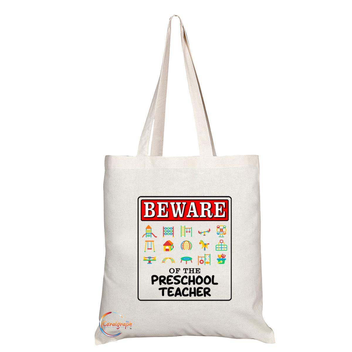 TB901A Beware of the Preschool Teacher Novelty Present Gift Printed Eco-Friendly Stylish Long Handled Tote Shoulder Bag