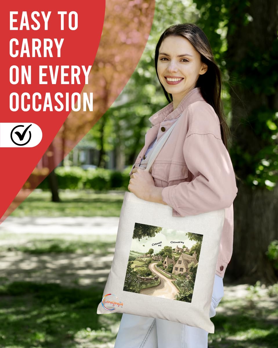 Natural Reusable Shopping Souvenir Tote Bag Featuring Cities and Landmarks in United Kingdom (Cotswold Way)