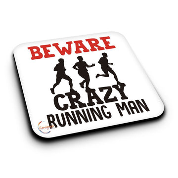 ER424 Beware Crazy Running Man (B) Novelty Present Gift Printed MDF Wooden Coaster