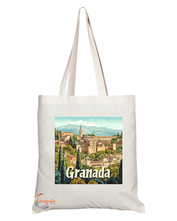 Natural Reusable Shopping Souvenir Tote Bag Featuring Popular Cities and Capitals from Europe and Around the World (Granada)