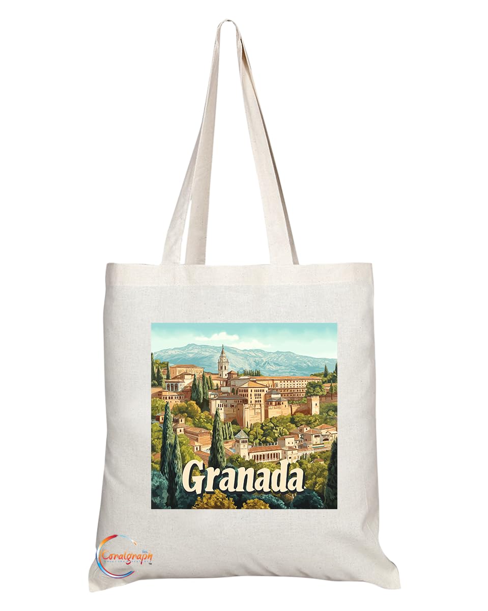 Natural Reusable Shopping Souvenir Tote Bag Featuring Popular Cities and Capitals from Europe and Around the World (Granada)