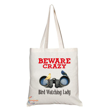 TB359 Beware Crazy Bird Watching Lady Novelty Present Gift Printed Eco-Friendly Stylish Long Handled Tote Shoulder Bag