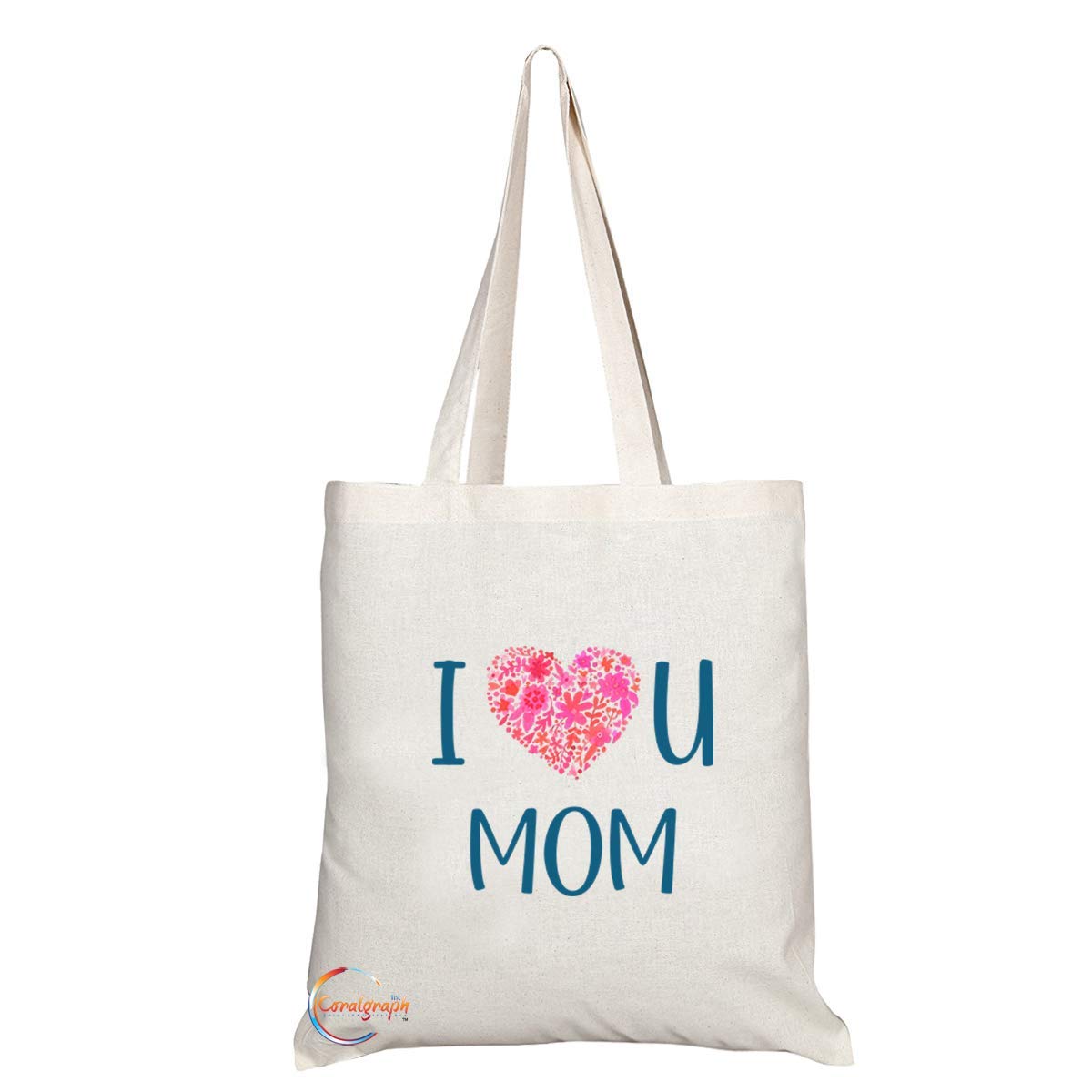 TB704 I Love U Mom Heart Novelty Present Gift Printed Eco-Friendly Stylish Long Handled Tote Shoulder Bag