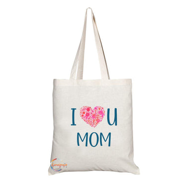 TB704 I Love U Mom Heart Novelty Present Gift Printed Eco-Friendly Stylish Long Handled Tote Shoulder Bag