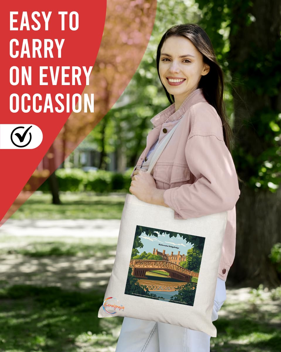 Natural Reusable Shopping Souvenir Tote Bag Featuring Cities and Landmarks in United Kingdom (Cambridge Mathematical Bridge)