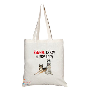 TB256 Beware Crazy Husky Lady Novelty Present Gift Printed Eco-Friendly Stylish Long Handled Tote Shoulder Bag