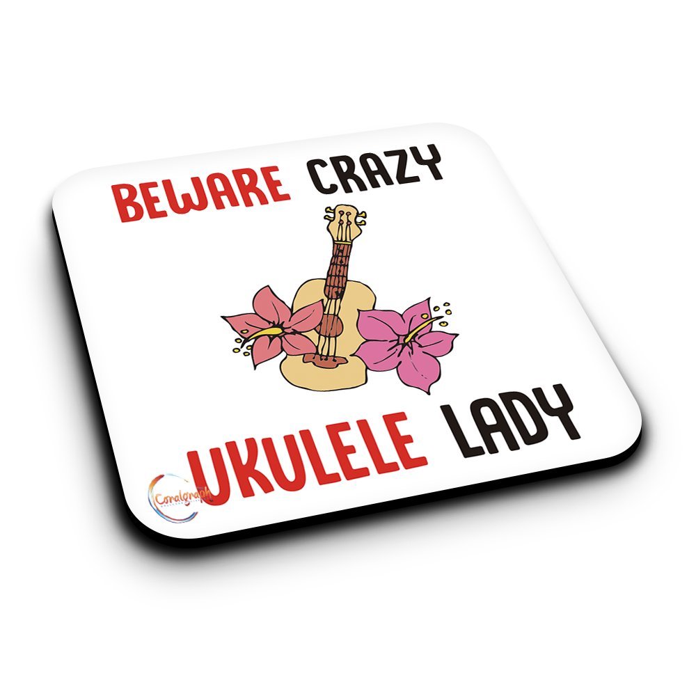 ER404 Beware Crazy Ukulele Man Novelty Present Gift Printed MDF Wooden Coaster
