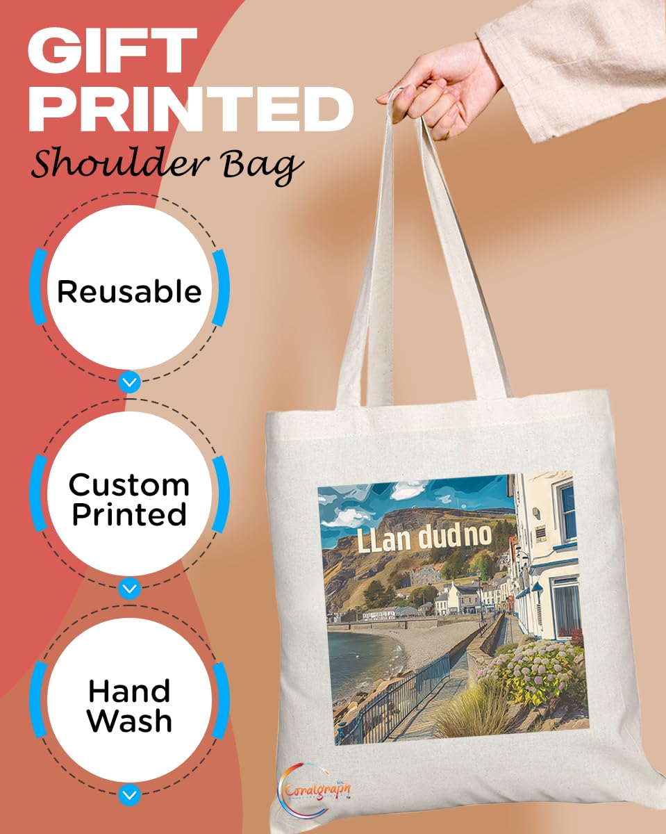 Natural Reusable Shopping Souvenir Tote Bag Featuring Cities and Landmarks in United Kingdom (Llandudno2)