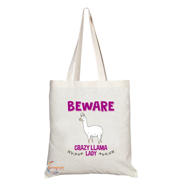 TB250 Beware Crazy Llama Lady Novelty Present Gift Printed Eco-Friendly Stylish Long Handled Tote Shoulder Bag
