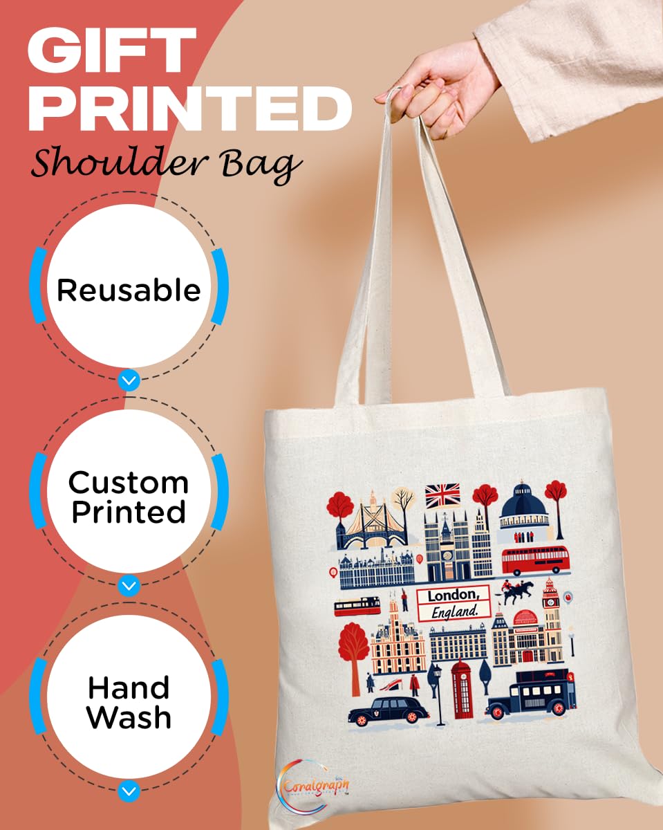 TB2051 - Natural Reusable Shopping Souvenir Tote Bag Featuring London - (Design 8)