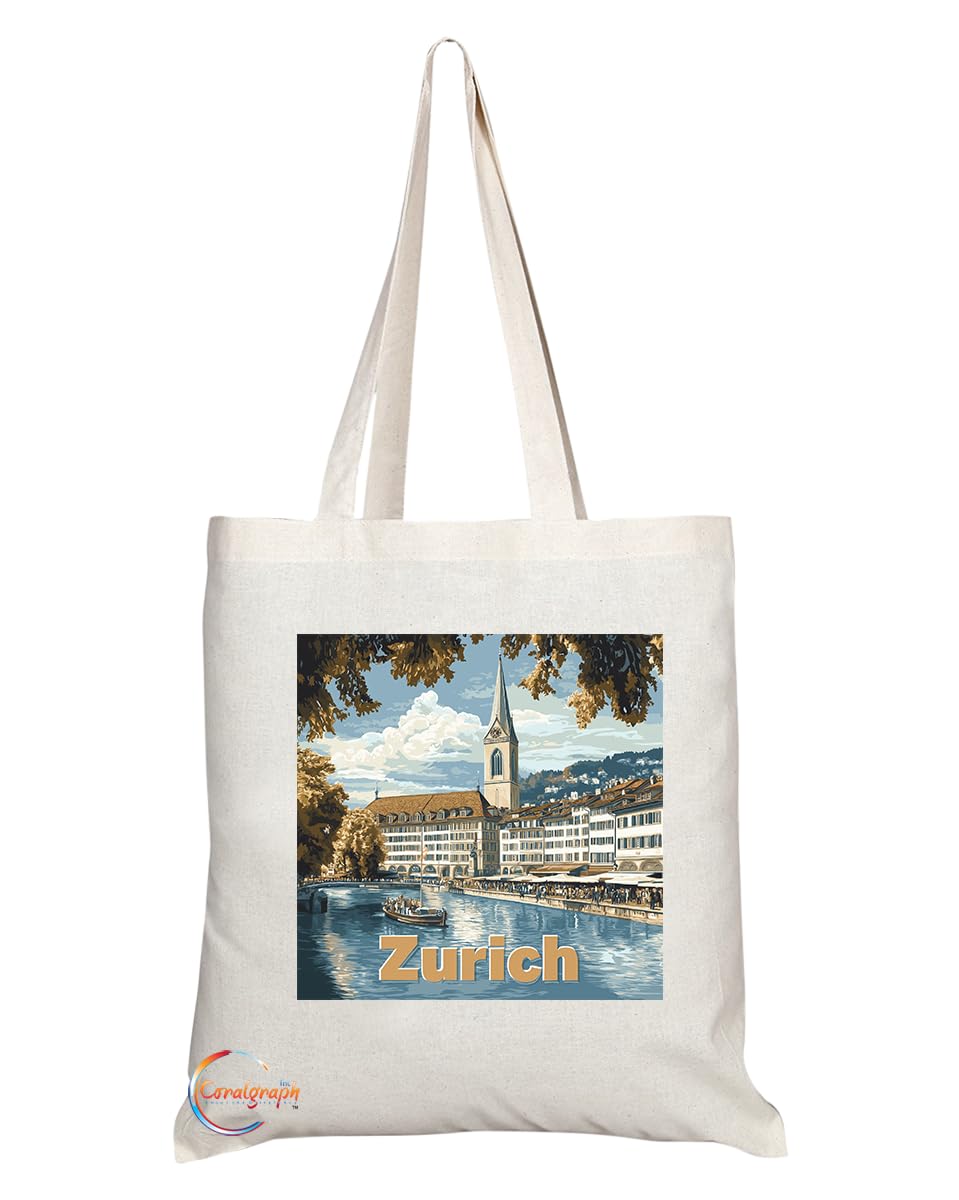 Natural Reusable Shopping Souvenir Tote Bag Featuring Popular Cities and Capitals from Europe and Around the World (Zurich)