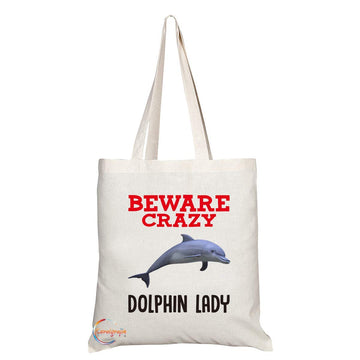 TB377 Beware Crazy Dolphin Lady Novelty Present Gift Printed Eco-Friendly Stylish Long Handled Tote Shoulder Bag