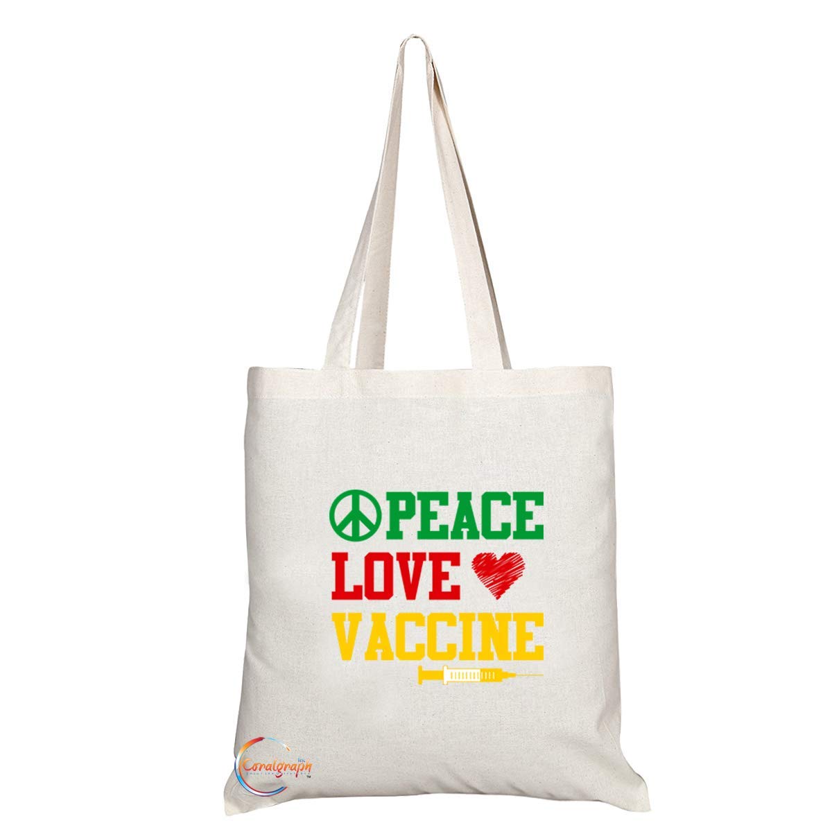 TB732 Peace Love Vaccine Heart Peach Symbol Novelty Present Gift Printed Eco-Friendly Stylish Long Handled Tote Shoulder Bag