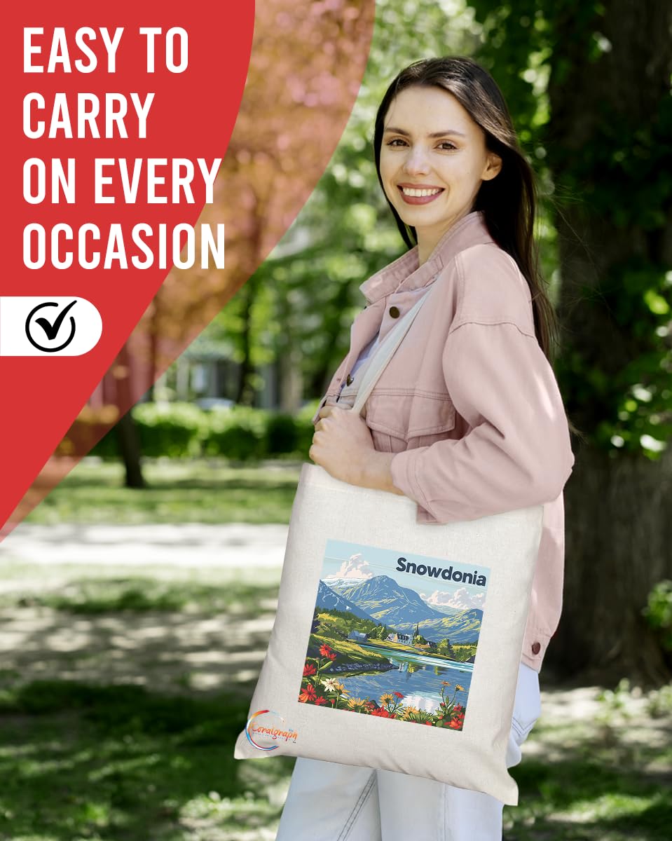 Natural Reusable Shopping Souvenir Tote Bag Featuring Cities and Landmarks in United Kingdom (Snowdonia)