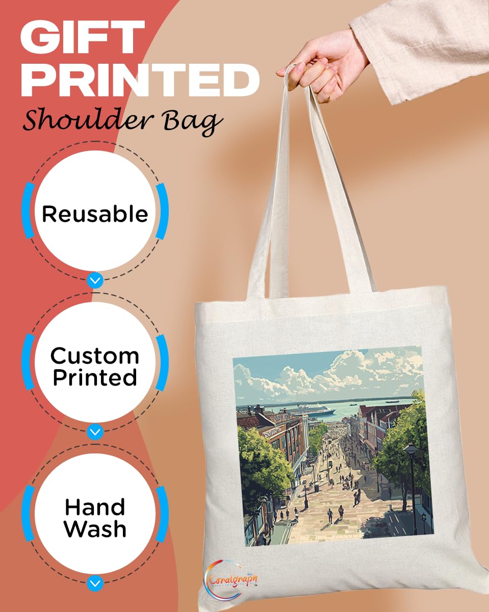 Natural Reusable Shopping Souvenir Tote Bag Featuring Cities and Landmarks in United Kingdom (Southampton)