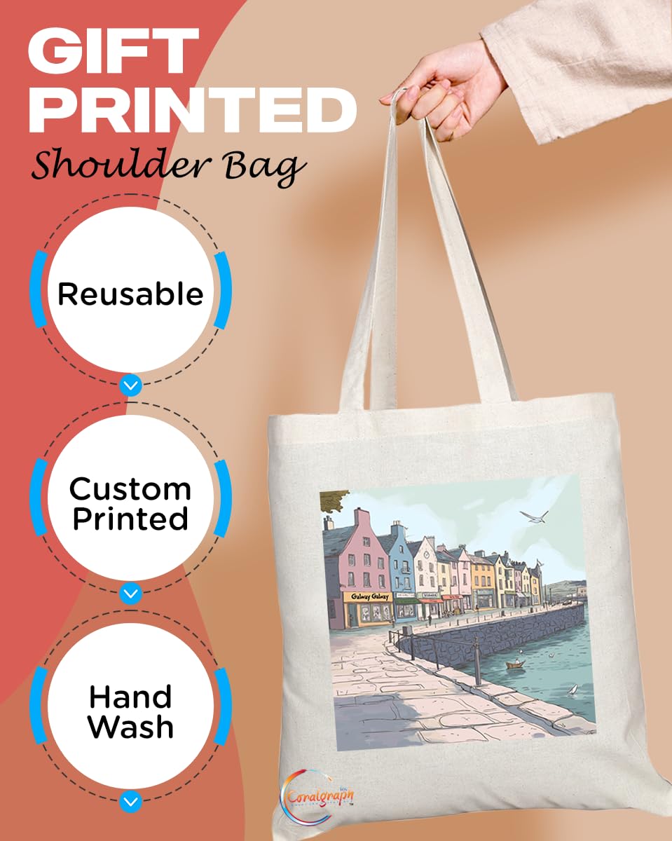 Natural Reusable Shopping Souvenir Tote Bag Featuring Cities and Landmarks in United Kingdom (Galway)