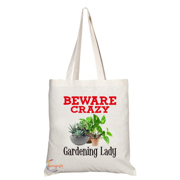 TB355 Beware Crazy Gardening Lady Novelty Present Gift Printed Eco-Friendly Stylish Long Handled Tote Shoulder Bag