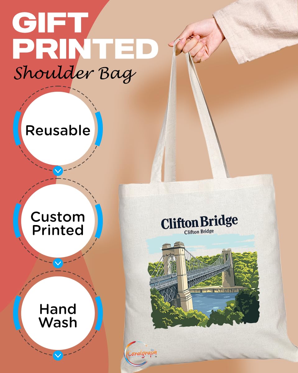 Natural Reusable Shopping Souvenir Tote Bag Featuring Cities and Landmarks in United Kingdom (Clifton Bridge)