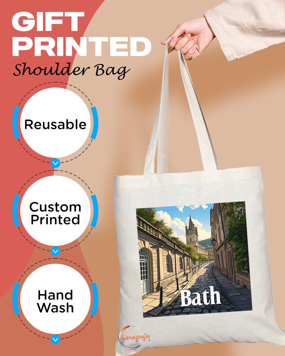 Natural Reusable Shopping Souvenir Tote Bag Featuring Cities and Landmarks in United Kingdom (Bath City)