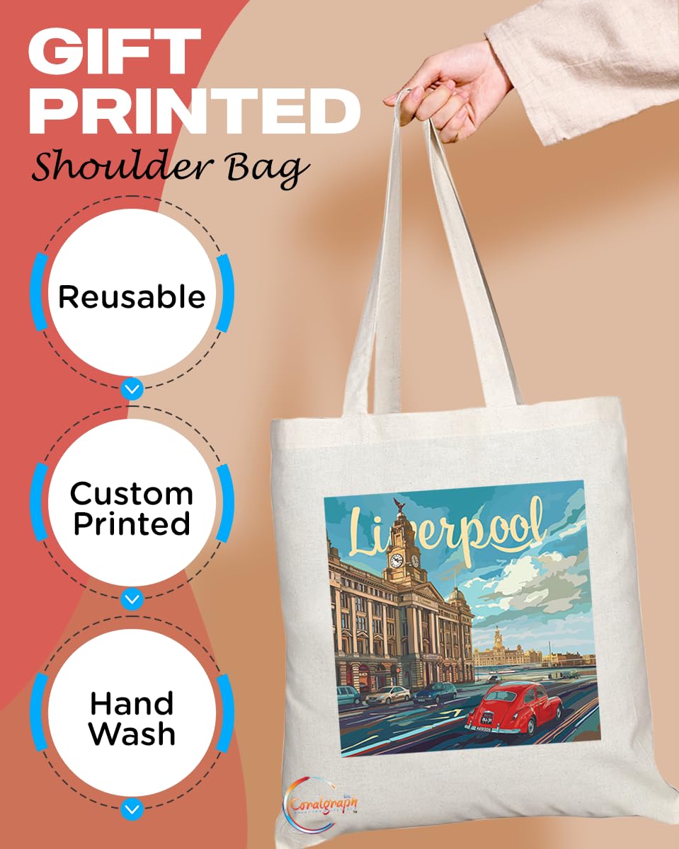 Natural Reusable Shopping Souvenir Tote Bag Featuring Cities and Landmarks in United Kingdom (Liverpool 2)