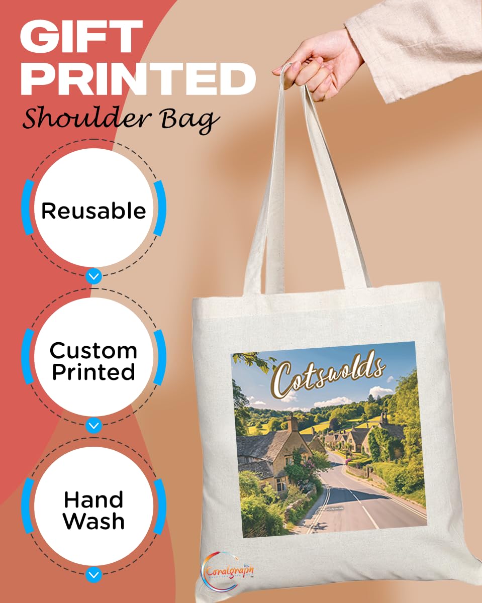 Natural Reusable Shopping Souvenir Tote Bag Featuring Cities and Landmarks in United Kingdom (Cotswolds)