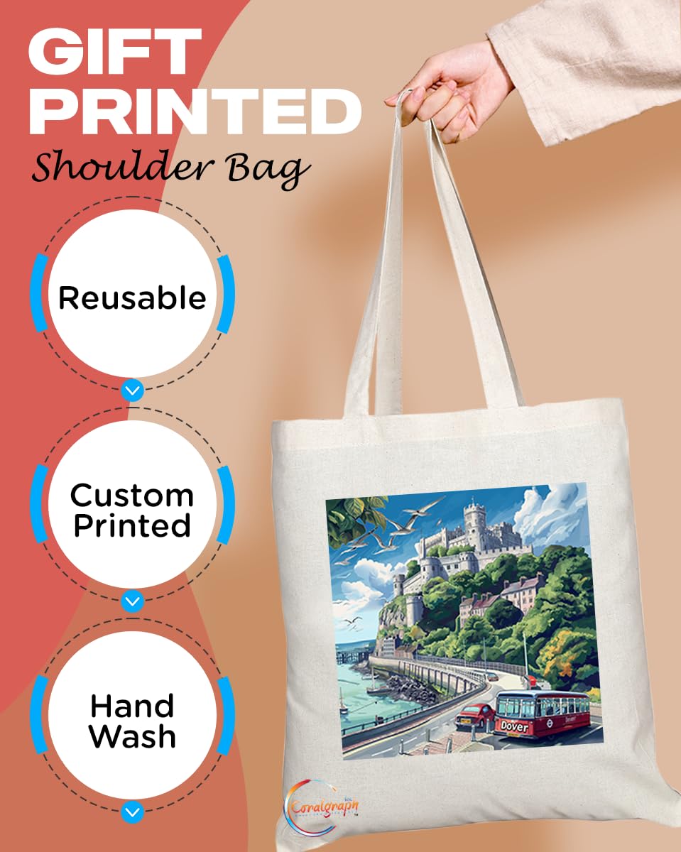 Natural Reusable Shopping Souvenir Tote Bag Featuring Cities and Landmarks in United Kingdom (Dover)