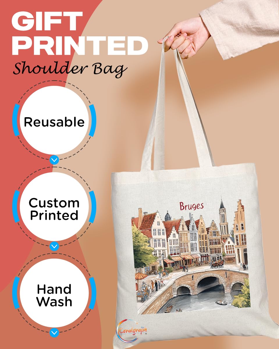 Natural Reusable Shopping Souvenir Tote Bag Featuring Popular Cities and Capitals from Europe and Around the World (Bruges)