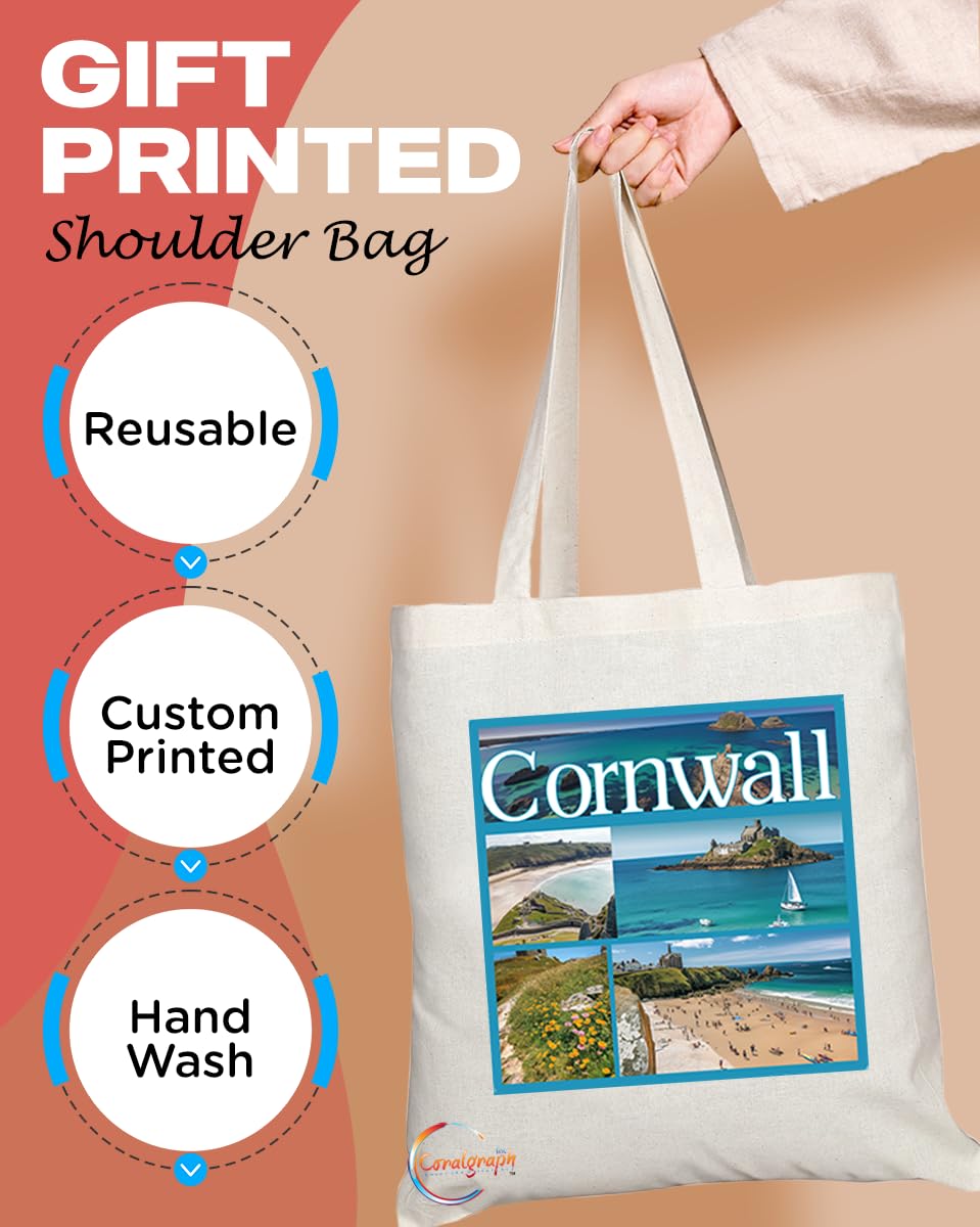 Natural Reusable Shopping Souvenir Tote Bag Featuring Cities and Landmarks in United Kingdom (Cornwall)