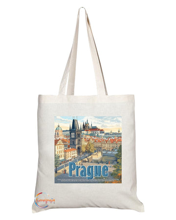 Natural Reusable Shopping Souvenir Tote Bag Featuring Popular Cities and Capitals from Europe and Around the World (Prague)