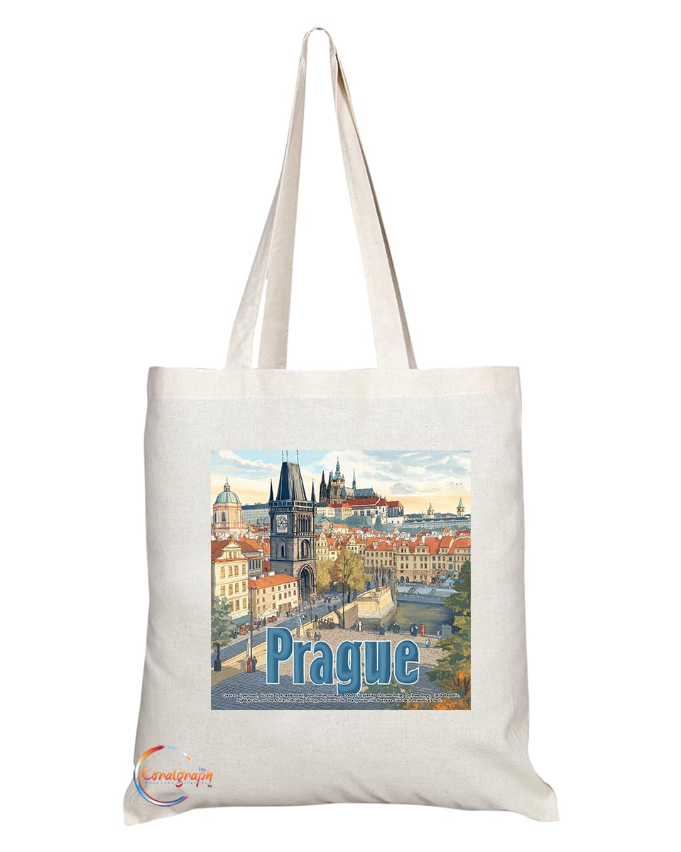 Natural Reusable Shopping Souvenir Tote Bag Featuring Popular Cities and Capitals from Europe and Around the World (Prague)